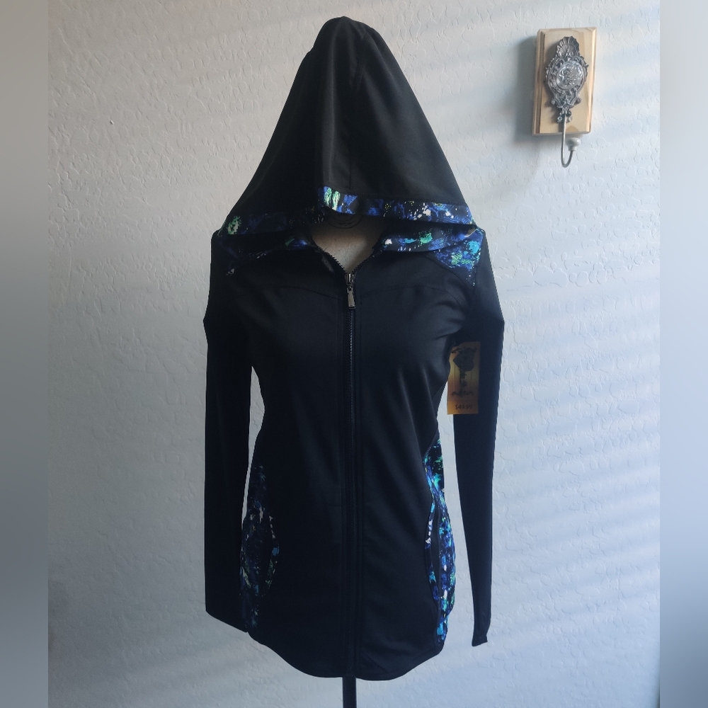 🆕 Dolce Bonita Black Zipper athletic running hooded jacket paint art to wear_M